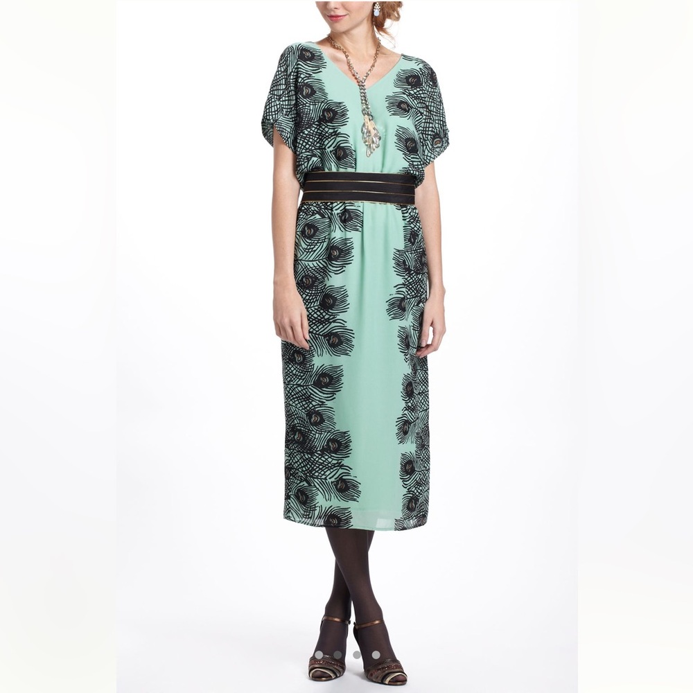 Corey Lynn Calter Plumes mint Kimono Midi Peacock Dress, Size XS Anthropologie